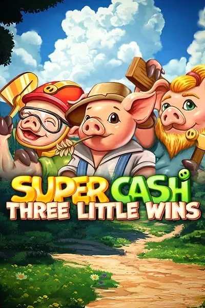 Τρία γουρουνάκια με τίτλο "Super Cash Three Little Wins" σε φόντο χωράφι